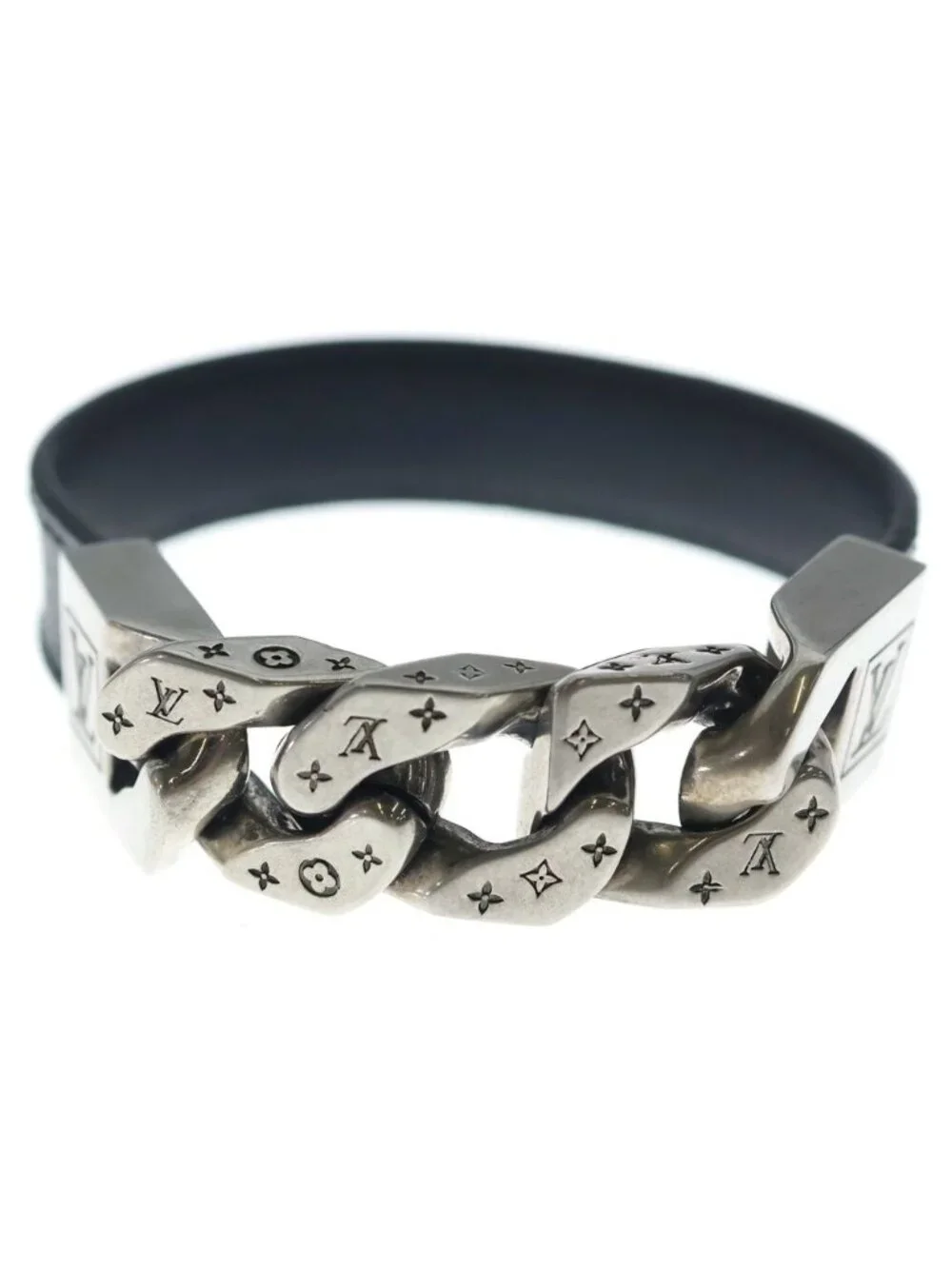 Louis Vuitton Monogram Eclipse Bra Mono Chain Leather Blur Black Silver Bracelet